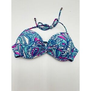 Lilly Pulitzer Tropical Paisley Bikini Top Womens L Halter Twist Front Resort De